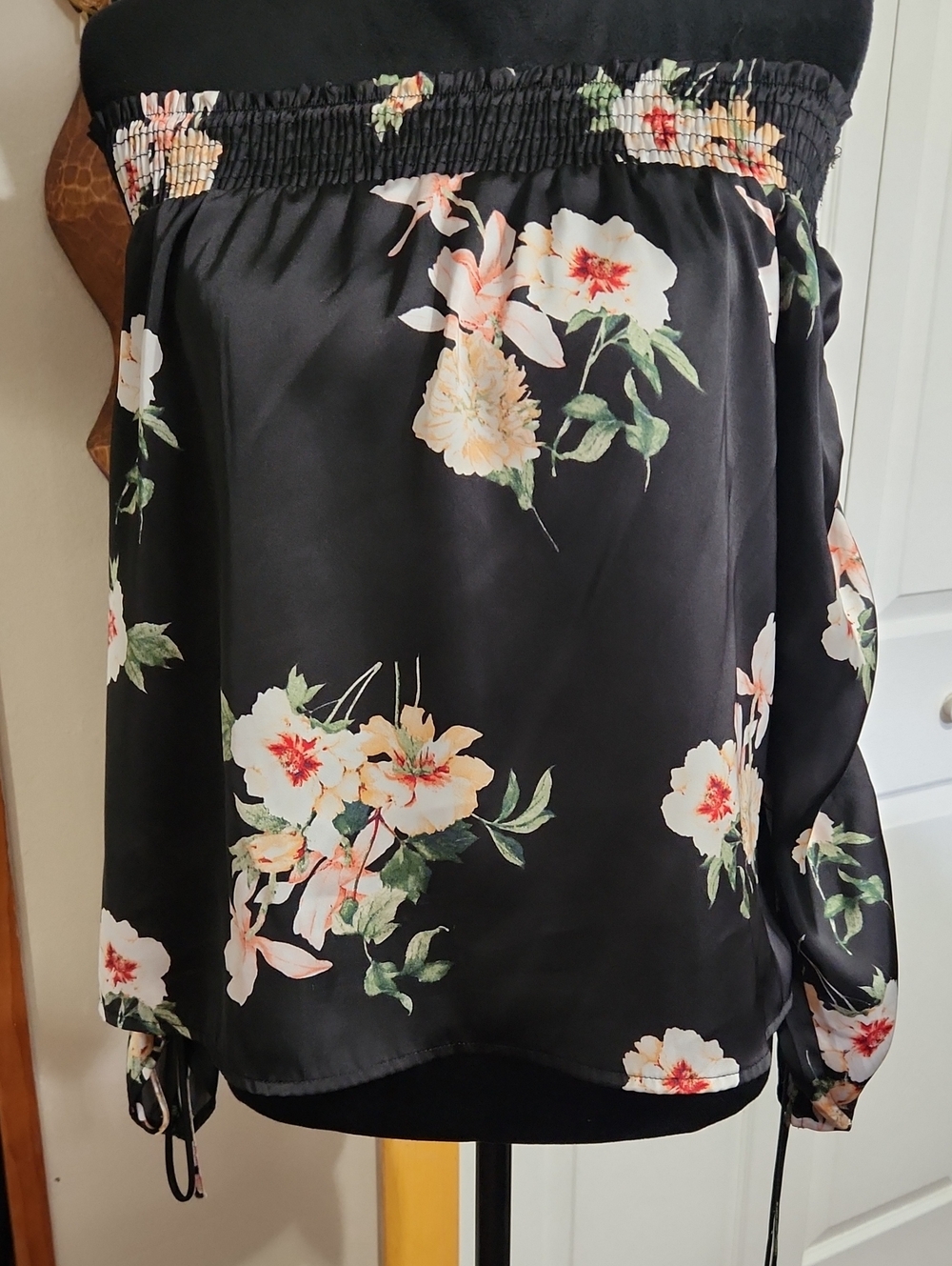 Forever 21 Black Floral Off-Shoulder Top with Cream and Green Prints